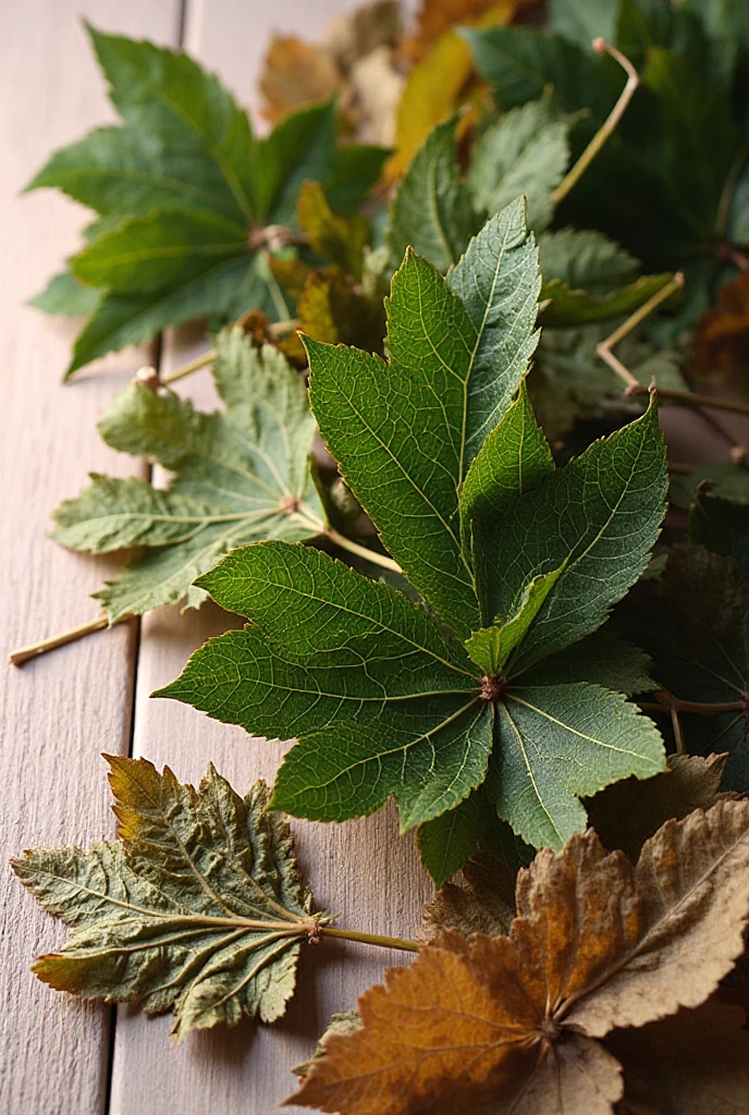 As folhas são verdes, coriáceas e ricas em compostos bioativos